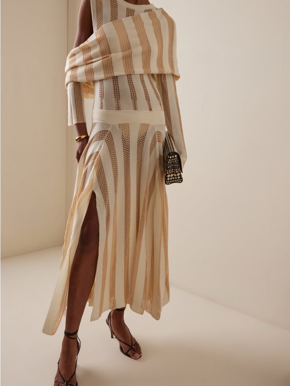 Diotima Ivory & Gold Striped Shrug Draped Maxi Dress Size US4 New With Tags